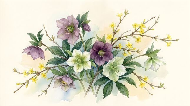 Beautiful watercolor bouquet of hellebore flowers with yellow branches isolated on white background