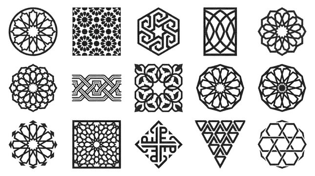 Islamic geometric patterns set with black ornate star and circle shapes for luxury decor.