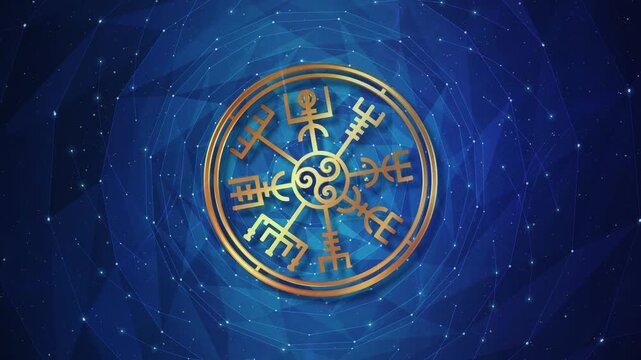 Animation of the Vegvisir Pagan Runic Compass. Circle Asatru Viking in motion. Norse Mythology Golden Protective talisman. Magical Navigator footage on the blue galaxy space background, video looping