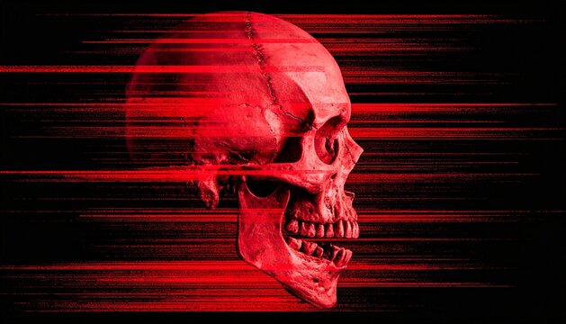 Red Glitch Skull with Motion Blur on Black Background Cyber Horror Concept