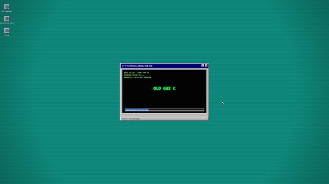 Retro style computer operating system simulation with loading progress bar and system error message pop up window on old desktop interface