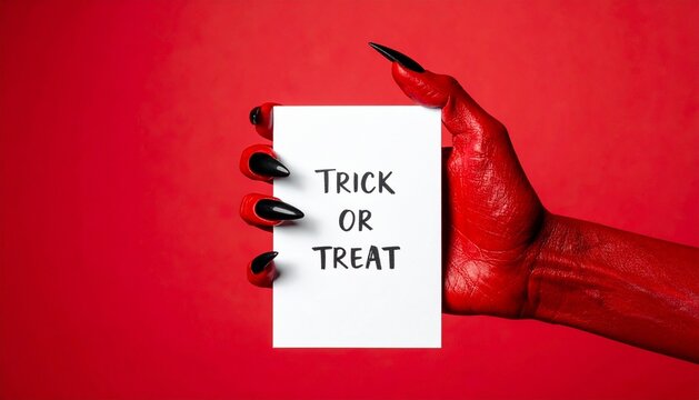 Devil Hand With Black Claws Holding Trick or Treat Card on Red Background Halloween Concept