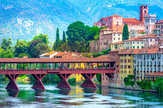 Ponte Vecchio or Ponte degli Alpini over the Brenta River in Bassano del Grappa, Veneto, Italy