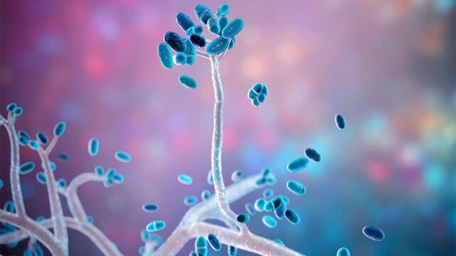 Acremonium fungus, 3D animation showing septate hyphae and conidiophores, clinically significant rare invasive fungal pathogen affecting immunocompromised patients.