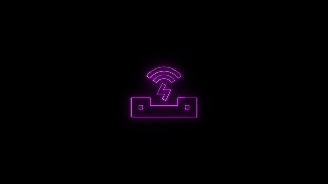 Purple neon wireless charging icon glowing on a black background