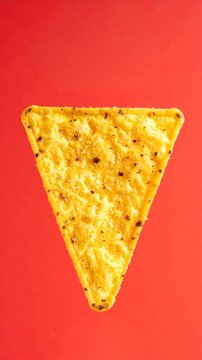 Single Crunchy Nacho Tortilla Chip on Red Background