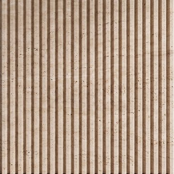 Fluted beige travertine stone wall with vertical parallel grooves and natural porous texture