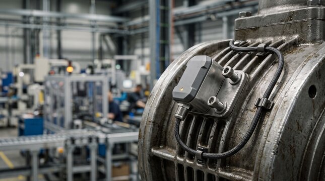 Photorealistic Image Of An IoT Sensor On Industrial Machinery