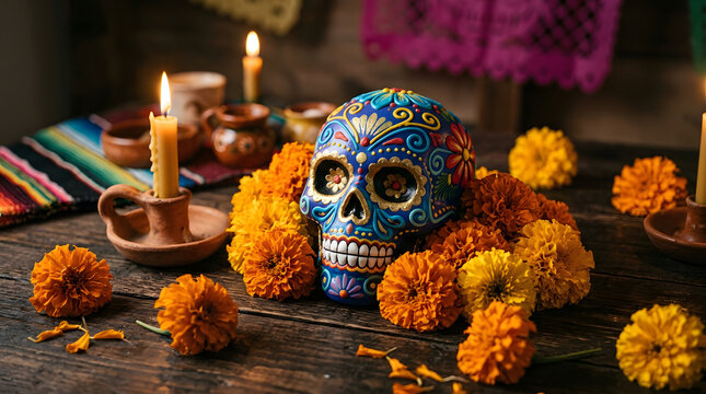 Blue painted sugar skull surrounded by orange marigolds on a rustic wooden table. Close up of traditional Dia de los Muertos calavera with lit candles in the background