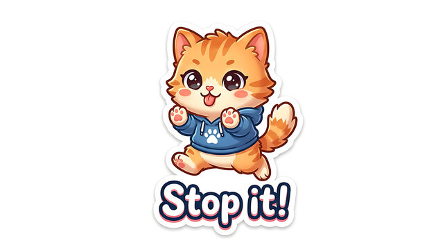 Cute cartoon orange cat holding stop sign