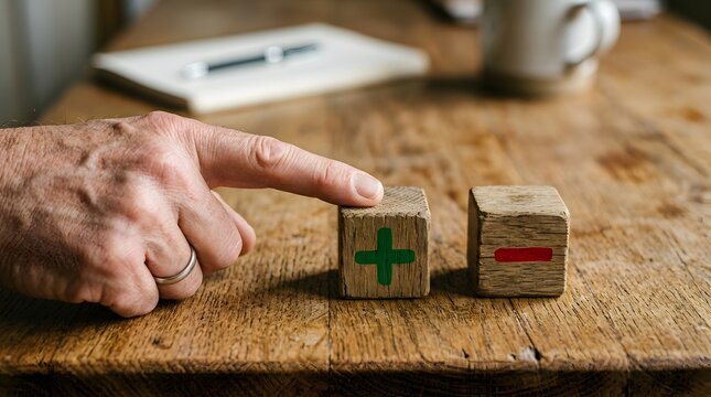 Hand Selecting Green Plus Sign Beside Red Minus Sign on Wooden Blocks