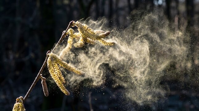 Hazel catkins releasing pollen dust cloud in spring