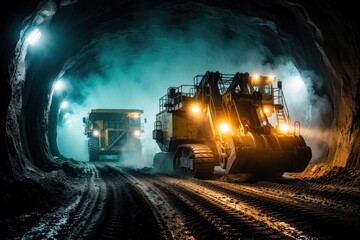 Fototapeta premium Heavy mining machinery works in dark underground tunnel. Large yellow crawler loader, dump truck move through dirt track in mine shaft. Industrial equipment performs excavation, mineral extraction in