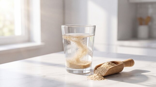 Natural Psyllium Husk Fiber Powder Supplement Dissolving in Water for Digestive Health