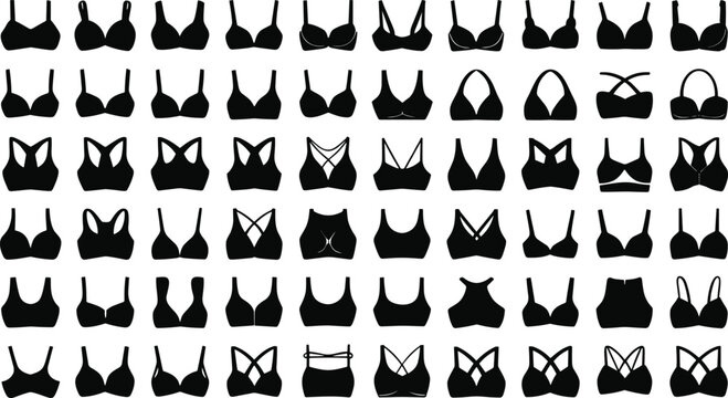 Large collection of various black bra silhouettes and lingerie icons on a white background vector illustration