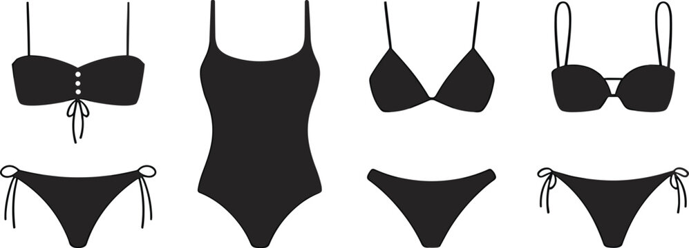 Set of black silhouette icons of various women swimwear and bikini styles swimsuit lingerie
