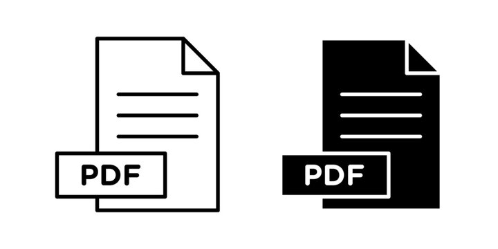 PDF file icon in outline and solid style, isolated on white background. Used in document management, file sharing, and digital publishing apps and websites.