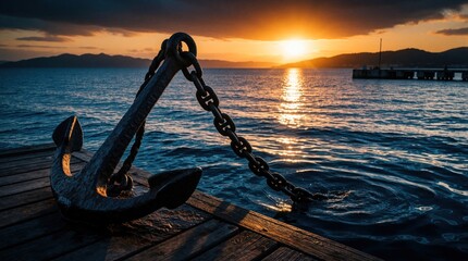 Fototapeta premium Heavy iron anchor rests on wooden pier at sunset. Metal chain goes into dark blue sea water. Golden sun light reflects on ocean waves near dock. Maritime concept for shipping, logistics nautical