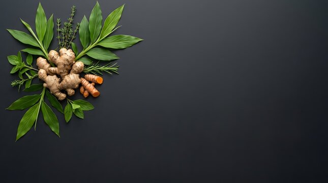 Ginger root is arranged creatively with fresh leaves and herbs on a dark slate background with generous empty space.