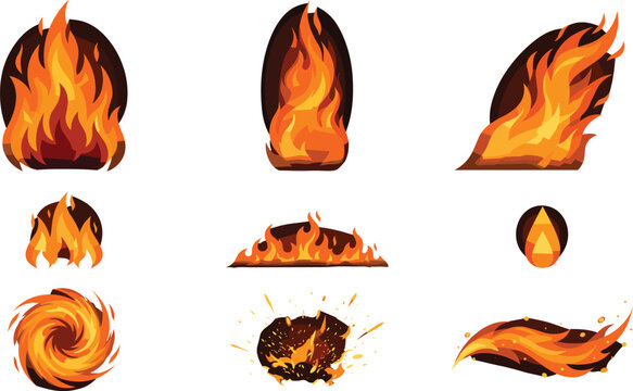 Cartoon fire flames vector set featuring campfire blaze fiery explosion vortex and burning fiery effect design elements