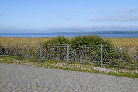 The embankment of Galichskoye lake on a sunny September morning. Galich, Kostroma region. Russia.