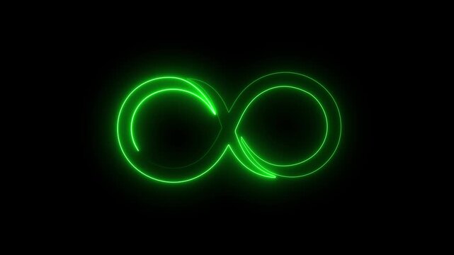 Glowing green infinity symbol neon animation loop on black background