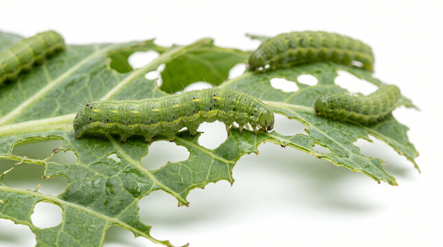 Green Caterpillars Feeding on Damaged Cabbage Leaf Isolated on White Background
