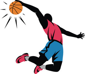 Dynamic silhouette illustration of a basketball player jumping high to slam dunk a ball isolated on white © SreeJoyantyMs
