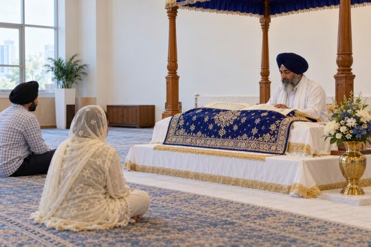 sikh worshippers listen as a granthi reads from the guru granth sahib inside a gurdwara, showing congregational prayer, sacred scripture, devotion and peaceful religious practice