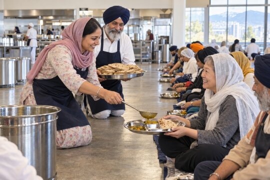 sikh volunteers serve a communal langar meal to seated worshippers in a gurdwara hall, showing seva, equality, hospitality, shared food and community service in religious life