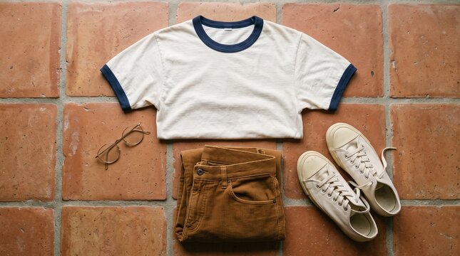 A flat lay of an unbranded vintage-style ringer t-shirt, corduroy pants, generic retro sneakers without logos, and plain wire-rimmed glasses. Set on a warm terracotta background. 2