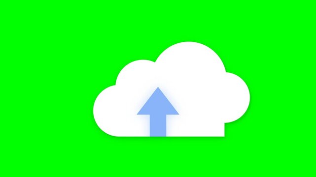 White cloud icon with blue upload arrow on a vibrant green screen background for digital data concepts