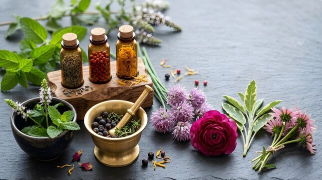 Aromatic herbs, glass bottles, flowers, and a golden mortar arranged on a dark slate surface.