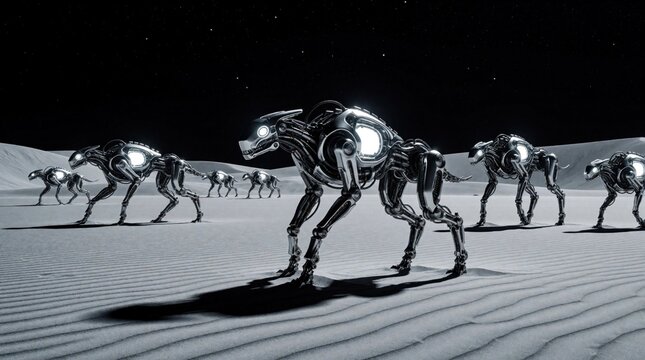 Futuristic robotic animals walk across desolate sandy desert planet under starry night sky. Group of mechanical creatures move on alien surface with glowing lights. Sci-fi concept of advanced machine
