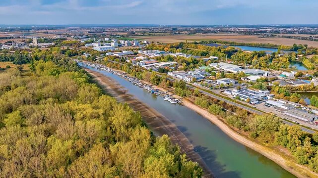 Aerial View of Lampertheim Germany and Riverside Landscape in Autumn