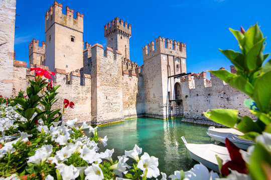 Sirmione Castle on Lake Garda, Italy, historic medieval fortress and picturesque waterfront