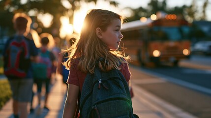 Obraz premium Children walking to school bus on sunny morning sidewalk