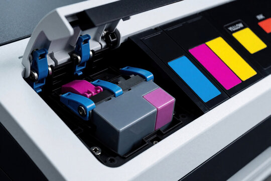 Close up view of open ink cartridge slot in large format plotter printer. Technician performs maintenance by replacing magenta ink tank inside machine. Professional printing equipment needs refill