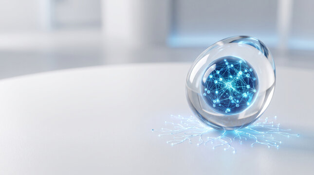 A glass seed encasing a glowing neural network appears on a smooth white surface artificialintelligence biotechnology circuitry connectivity data digital futuristic innovation intelligence