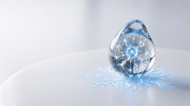 A glass seed containing a glowing neural network rests on a smooth light colored surface artificialintelligence biotechnology brainnetwork circuits cognitive computational connectivity datamining