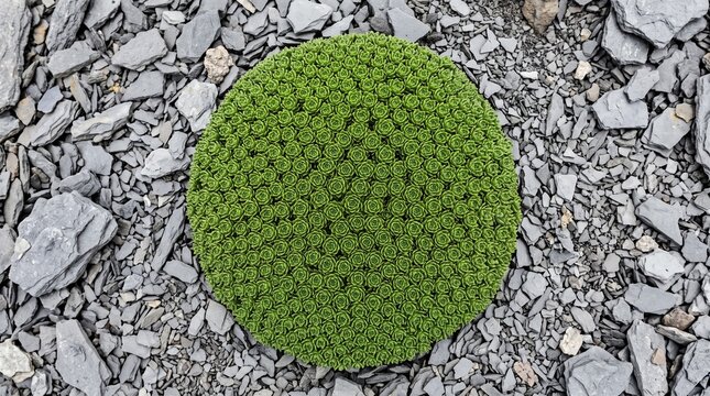 Top Down Aerial Macro of Alpine Cushion Plant Rosettes on Scree