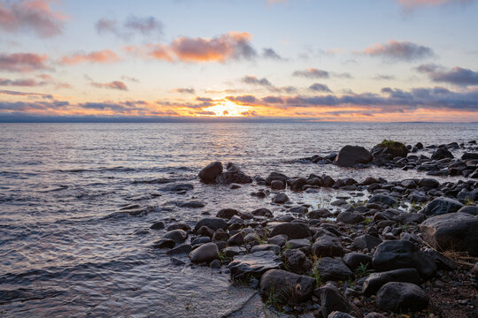 September dawn on Onega lake. Karelia, Russia