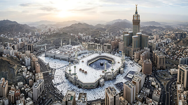 Aerial view of the great mosque of mecca at sunset