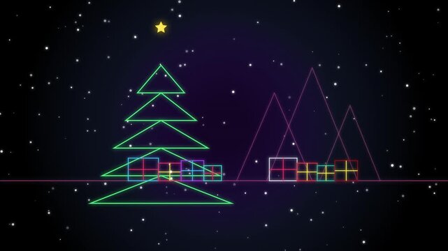 Christmas Tree Illustration with Gifts and a Train, Neon Line Art Design
