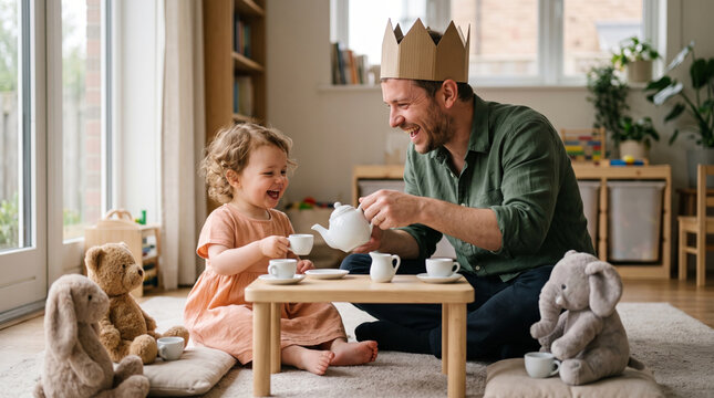 Father and daughter enjoy a pretend tea party with stuffed animals and a cardboard crown