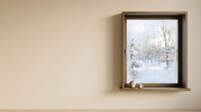 Interior view of a window looking out onto a blurred cityscape in winter