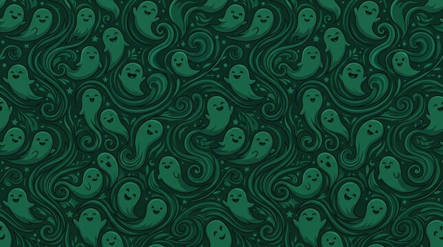 Spooky ghost seamless pattern, cute green ghosts floating background, dark halloween digital paper for wrapping
