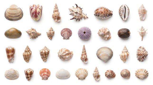 Sea shell collection isolated on white background, natural ocean conch and mollusk shells set, coastal beach decoration