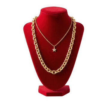 Red velvet mannequin with two gold necklaces, isolated on transparent background