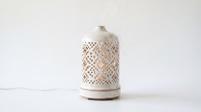 Ceramic essential oil diffuser with mist, electric aromatherapy diffuser on white background, modern wellness studio decor